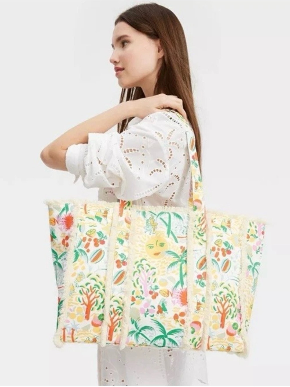 ROLLER RABBIT Cream Floral Canvas Tote Bag with Pastel Multicolor Print